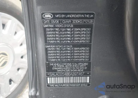 2006 Land Rover Lr3 V8 Se from USA, damaged, VIN SALAD25486A397467